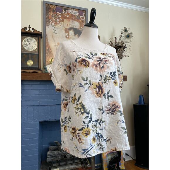 Lungo Larno Floral Linen Top Size 1X Cap Sleeve Lightweight Boho XL Lagenlook - Picture 3 of 13